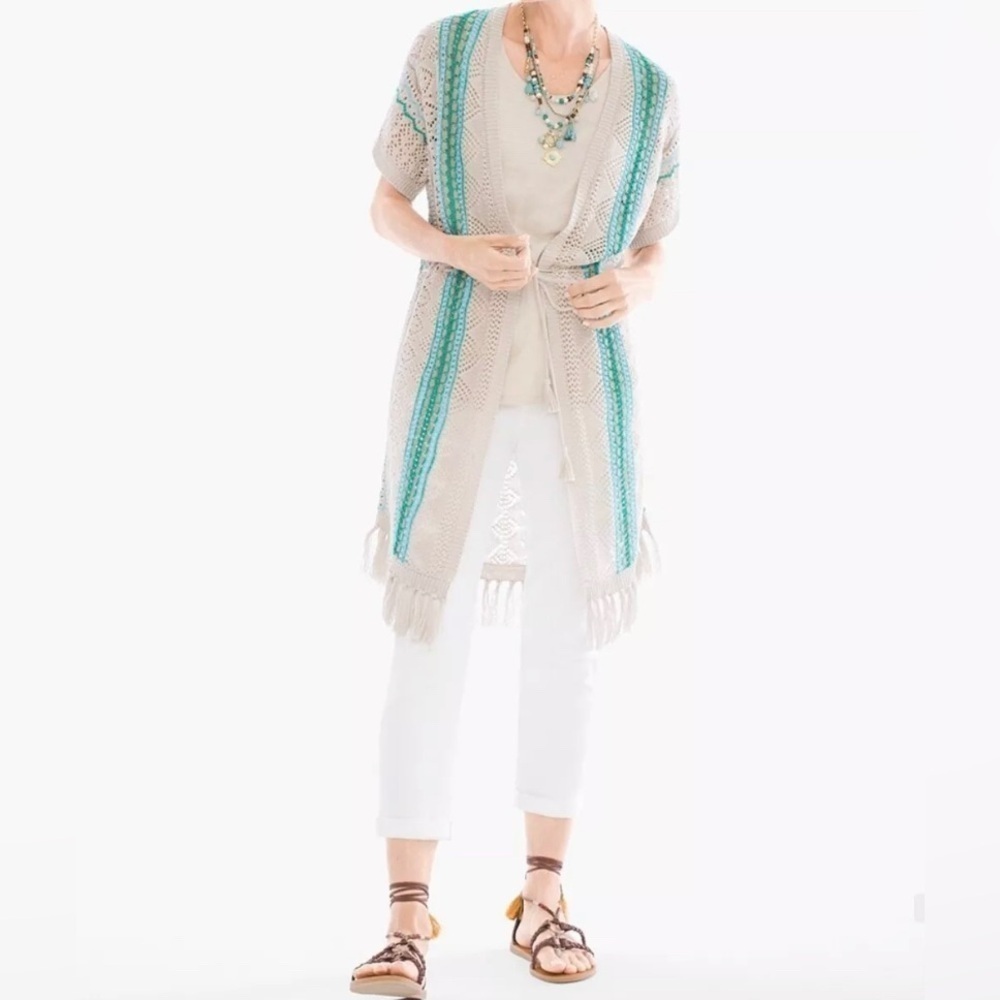 Chico's 100% Linen Open Crochet Knit Cardigan Beige Teal Fringe Hem Boho Sz 1(M)